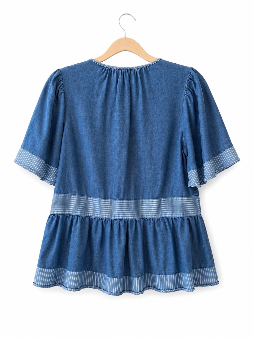 Kate Spade Blue Denim Peplum Blouse Tassel Tie V-Neck Flutter Sleeve Top - Picture 2 of 4